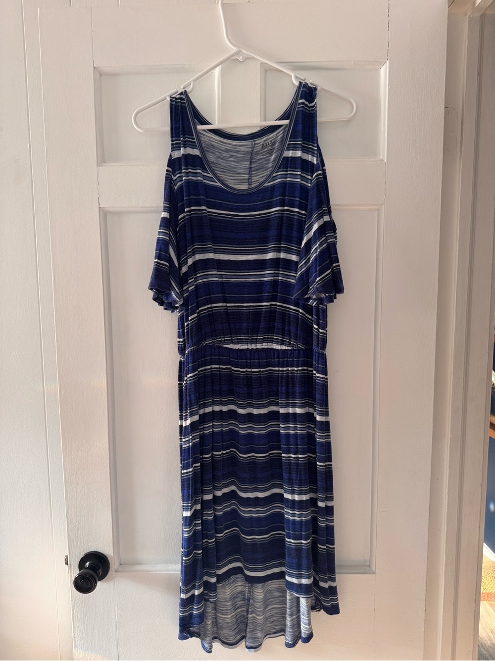 a.n.a Blue and White Striped Cold-Shoulder Midi Dress